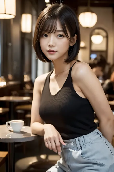 (((cafe:1.3, indoor, photographed from the front))), ((medium bob:1.3, great style:1.2, balanced style, black knit, japanese wom...