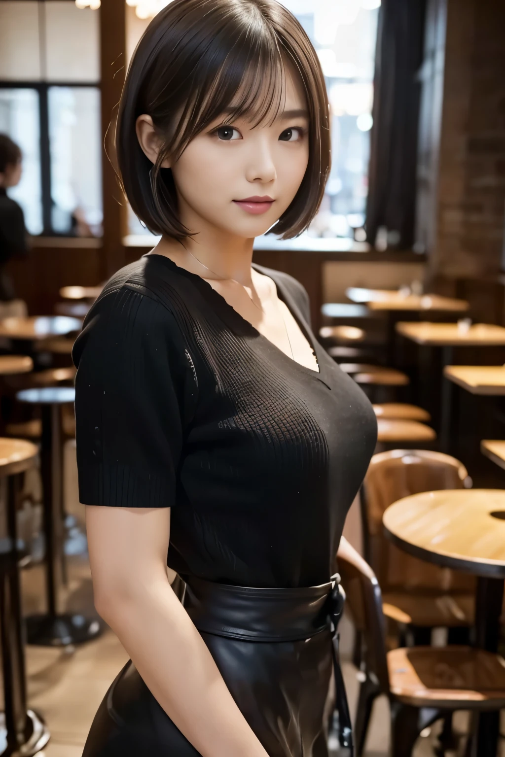 (((Cafe:1.3, indoor, Photographed from the front))), ((medium bob:1.3, great style:1.2, Balanced style, black knit, japanese woman, cute)), (clean, natural makeup), (highest quality, masterpiece:1.3, 超High resolution), (Super detailed, caustics), (realistic:1.4, RAW shooting), very detailed, High resolution, 16K resolution