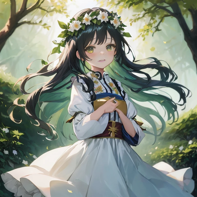 anime girl with long hair and flower crown in a forest, official art, anime moe artstyle, cute anime waifu in a nice dress, anime visual of a cute girl, hestia, beautiful anime portrait, guweiz on pixiv artstation, a maid in a magical forest, beautiful maiden, beautiful anime girl,  in dress, high detailed official artwork