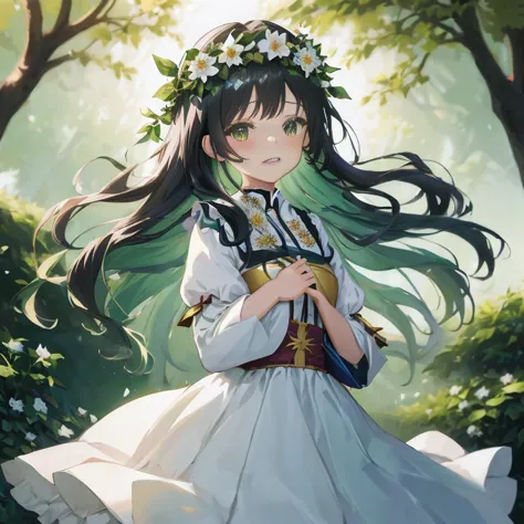 anime girl with long hair and flower crown in a forest, official art, anime moe artstyle, cute anime waifu in a nice dress, anim...