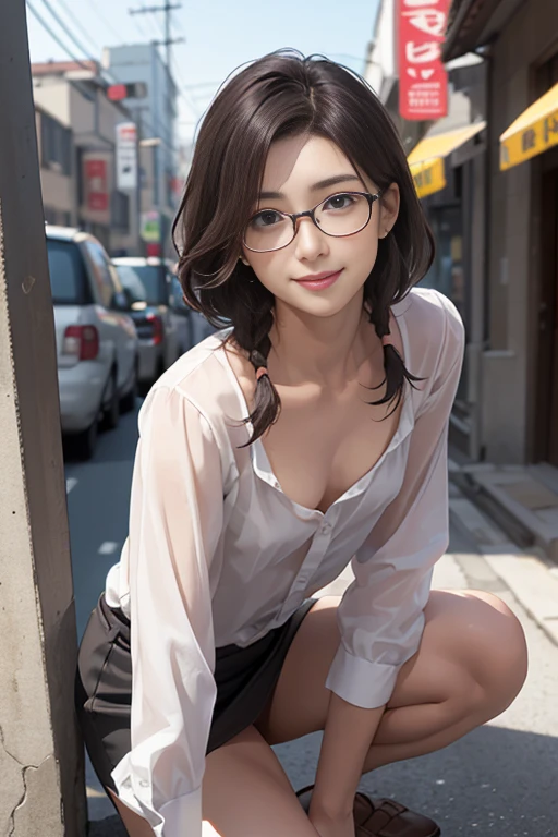 (High-definition images, atmospheric perspective, 8K, Super detailed, Accurate, highest quality, single shot), woman, Work clothes, Tight Skirt, squat, (ecstasy face), (Realistic Eye Size, droopy eyes, blush, smile), Last, Braid, unbuttoned shirt, swollen areola, (((Showing off mainly pubic hair))), Downtown Area, Glasses,(((small breasts、small breasts、flat chest)))