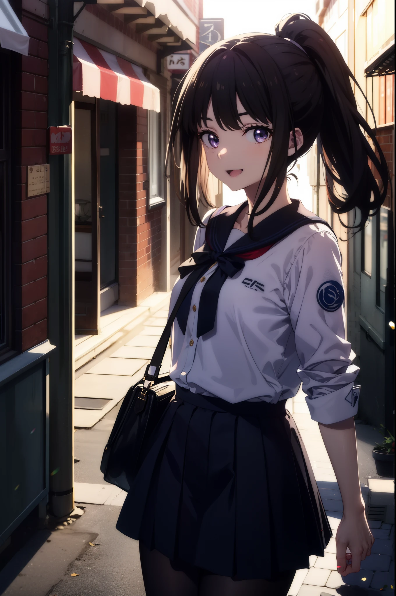 Takiuchi Kame, check it out, long hair, bangs, black hair, (purple eyes:1.2),ponytail,happy smile, smile, open your mouth,
Blue sailor suit,青色プリーツskirt,black pantyhose,brown loafers,happy smile, smile, open your mouth,skirt,morning,morning日,the sun is rising,
break outdoors,In town,building street,
break looking at viewer, whole body,(cowboy shot:1.5),
break (masterpiece:1.2), highest quality, High resolution, unity 8k wallpaper, (figure:0.8), (detailed and beautiful eyes:1.6), highly detailed face, perfect lighting, Very detailed CG, (perfect hands, perfect anatomy),