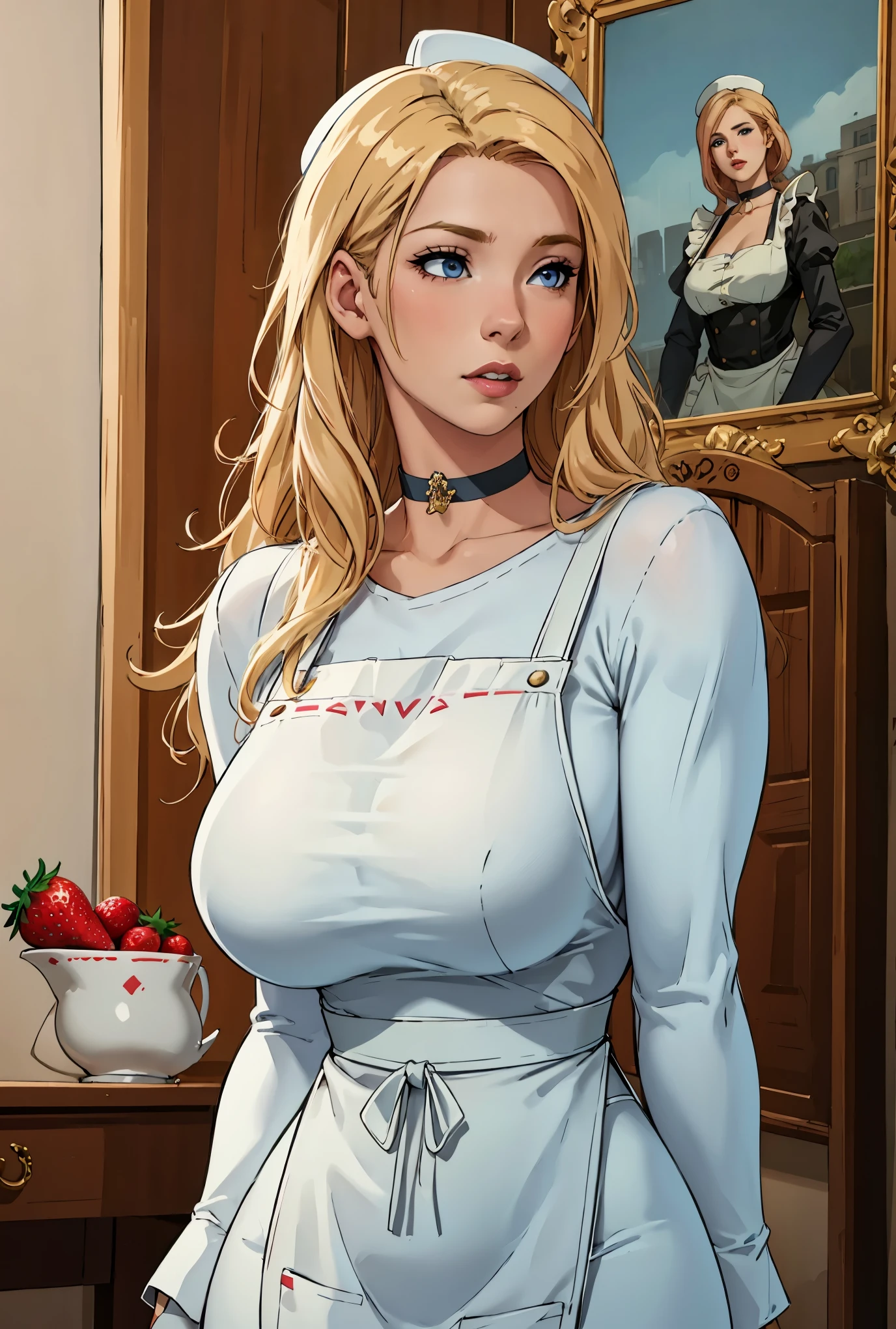 (best quality,highres),(realistic:1.37),(portrait),(studio lighting), ,solo mature woman,curvy, giant breasts, giant ass,straight strawberry blonde hair, dusty blue eyes,full lips, seductive, choker, painter's apron,painter's hat