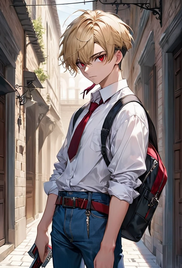 Young male teenager of 16 years old, blonde hair, slim, red eyes, wearing a long white shirt, blue jeans and black belt And red tie with white stripes. With a black backpack and a large sword hanging behind his back In the courtyard of an academy with a serious face