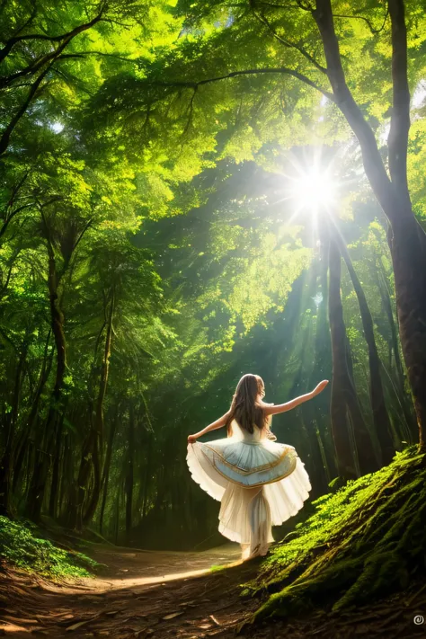 uma princesa sozinha, cabelo loiro e longo, in the forest dancing, bastante arvores, sol iluminando, birds, flores, um castelo n...