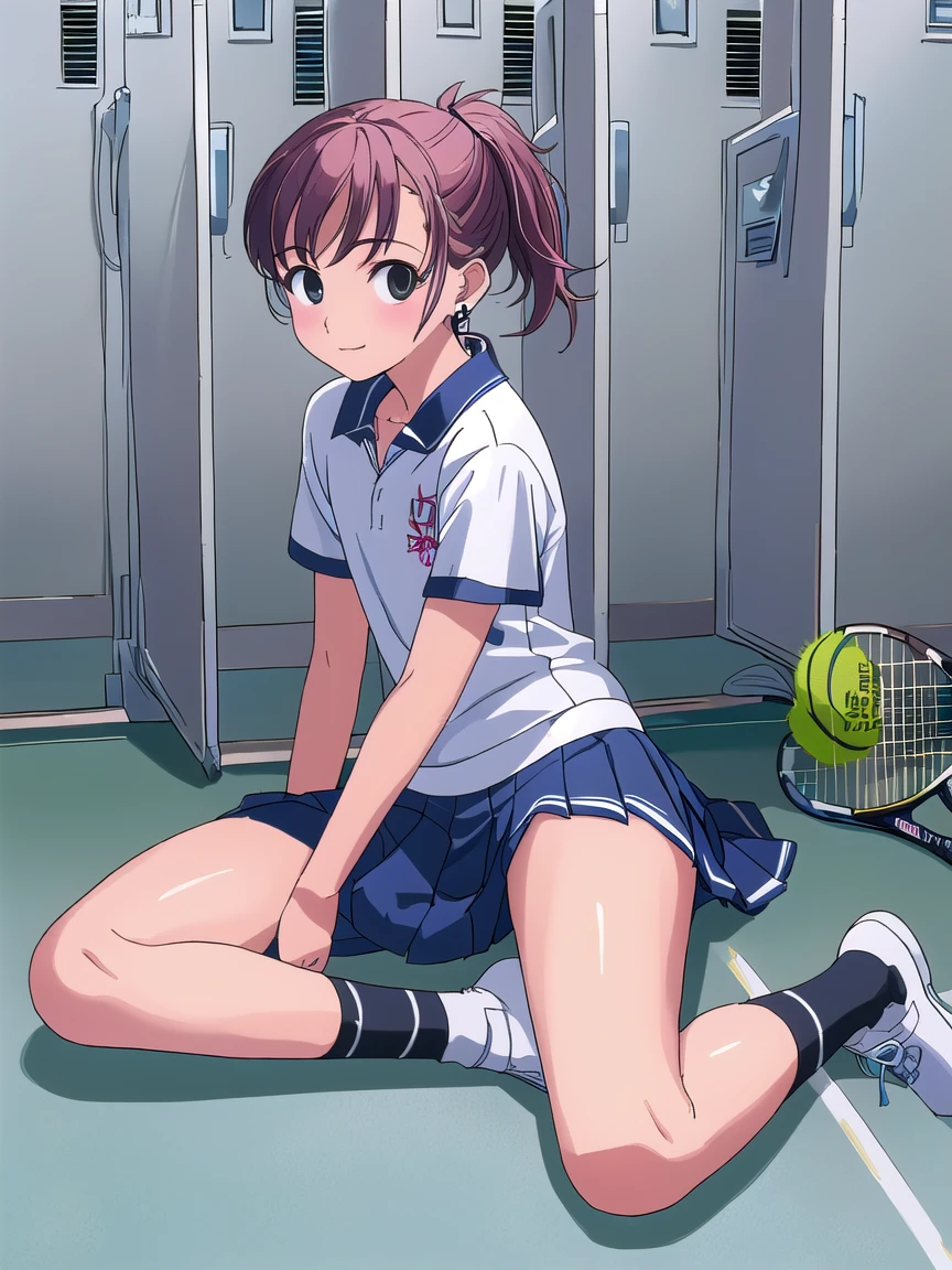 highest quality, ultra high resolution, (realistic: ),(A junior high school student wearing white tennis wear２people々))(((Please open your legs a little)))full body portrait,locker room、Change of clothes,loose socks、embroidered panties、Embroidered bra、ponytail、earrings.pleated skirt