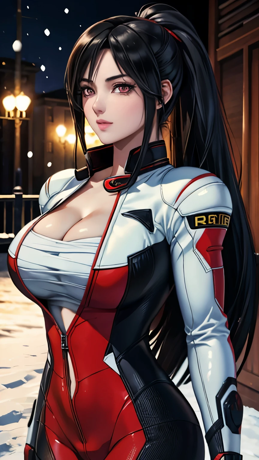 red eyes, (highest quality, masterpiece painting:1.3), immature woman, 16 years old, (half body shot), masterpiece, ultra high resolution, (Photoreal:1.0), black hair, ponytail, straight hair, beautiful shining hair, white and shining skin, ((Ultra realistic details)), octane rendering, highly detailed face, (big breasts:0.8), complete pilotsuit, adjusted pilotsuit, (red pilotsuit),cleavage, perfect body, soft skin, anime face, perfect face, perfect eyes, looking at the viewer, smart, snow scene, ((snow falling)), ((fantastic night)), ((outdoors)), sharp focus, intricate details, professional artwork, (bright colors:1.1), bright colors, diffused lighting, digital blending, ultra-definition body, ultra detail hair, super detailed face, that&#39;It&#39;s trending on pixiv, top button open, Cute gaze, compensate, perfect lips, perfect compensate, Ultra-precision coating,  (glare a little:0.8), (Very embarrassed:0.6), 