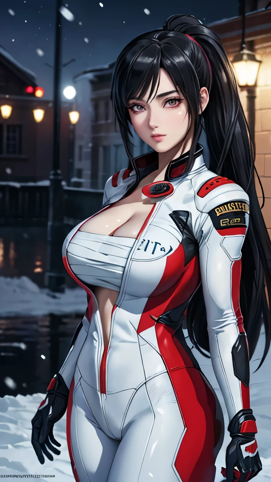 red eyes, (highest quality, masterpiece painting:1.3), immature woman, 16 years old, (half body shot), masterpiece, ultra high resolution, (Photoreal:1.0), black hair, ponytail, straight hair, beautiful shining hair, white and shining skin, ((Ultra realistic details)), octane rendering, highly detailed face, (big breasts:0.8), complete pilotsuit, adjusted pilotsuit, (red pilotsuit),cleavage, perfect body, soft skin, anime face, perfect face, perfect eyes, looking at the viewer, smart, snow scene, ((snow falling)), ((fantastic night)), ((outdoors)), sharp focus, intricate details, professional artwork, (bright colors:1.1), bright colors, diffused lighting, digital blending, ultra-definition body, ultra detail hair, super detailed face, that&#39;It&#39;s trending on pixiv, top button open, Cute gaze, compensate, perfect lips, perfect compensate, Ultra-precision coating,  (glare :1.0)