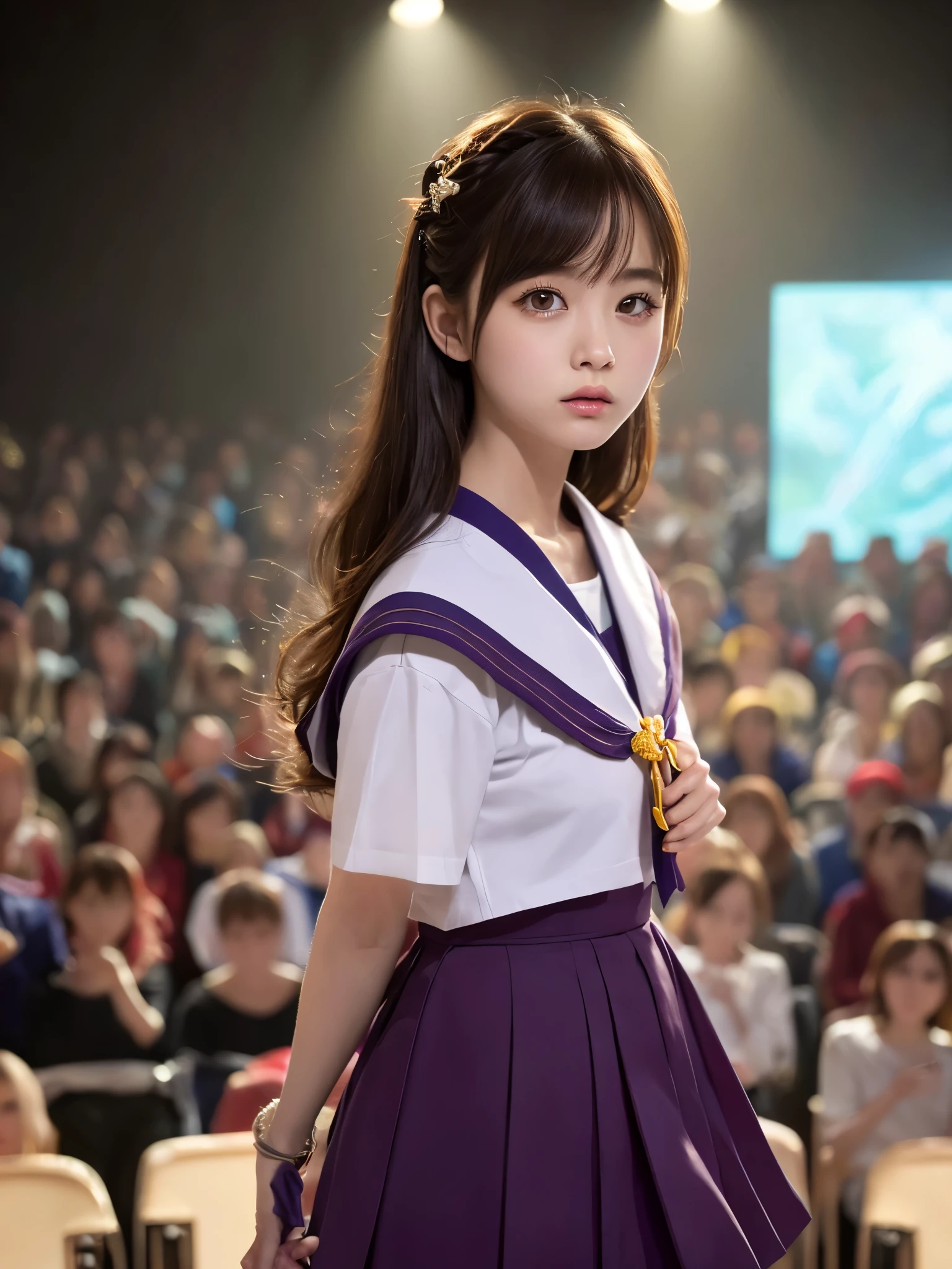 White base with purple-red sailor suit、tulle skirt、2, perform on stage, concert photos, cute core、(bob hair)、(((watching the audience)))、ribbon on head、（Natural and detailed face standing、beautiful and detailed eyes、beautiful and dense lips、very detailed eyes、detailed face、long eyelashes）（8k resolution）、High resolution、masterpiece：1.2 )、Super detailed、(real、photorealistic、photorealistic: 1.37)、8k、fantastic lighting、bright colors、standing position