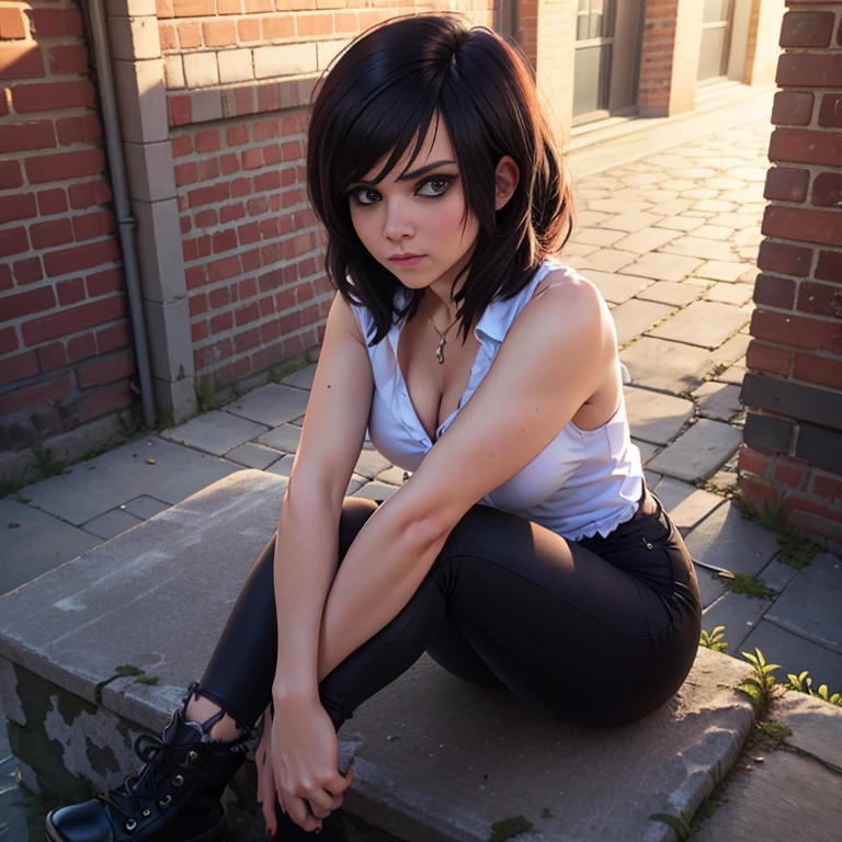 Masterpiece, best quality, detailed face, woman, black hair, emo clothes, ripped black jeans, leaning on a brick wall arms crossed, big breasted, looking at viewer, neutral face