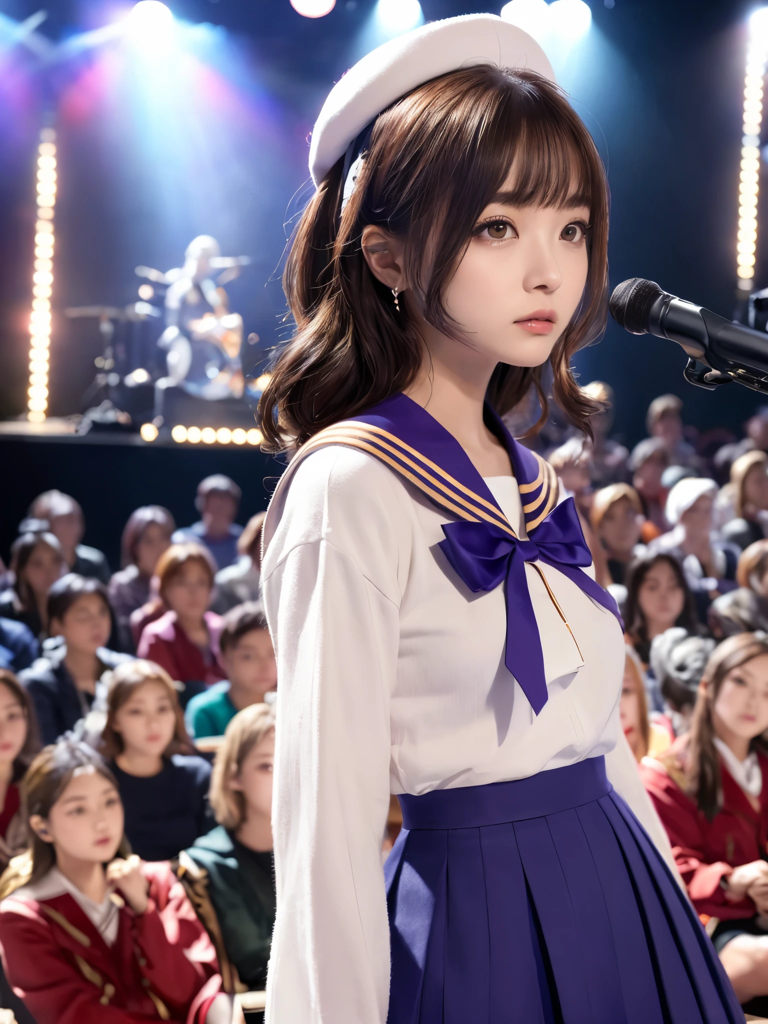 White base with purple-red sailor suit、tulle skirt、23 years old, perform on stage, concert photos, cute core、(bob hair)、(((watching the audience)))、ribbon on head、（Natural and detailed face standing、beautiful and detailed eyes、beautiful and dense lips、very detailed eyes、detailed face、long eyelashes）（8K resolution）、High resolution、masterpiece：1.2 )、Super detailed、(real、photorealistic、photorealistic: 1.37)、8K、fantastic lighting、bright colors、standing position