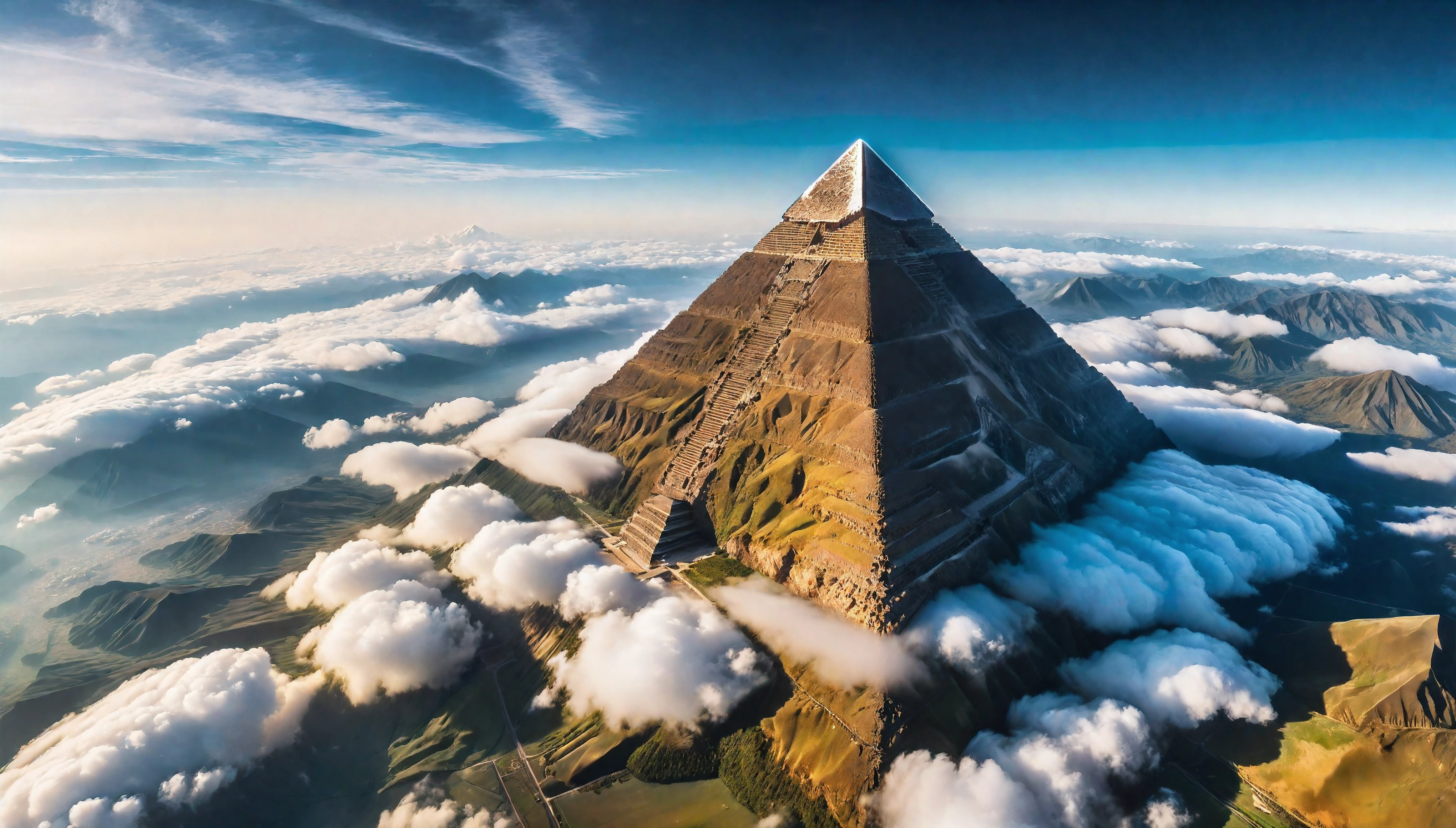 Aerial view of Giant Pyramid Mountain towering above the cloud, natural lights, symmetric pyramid, (ultra wide angle:1.5), fisheye lens photo, ((Aerial view):1.2), ((sense of extreme height):1.1), highly detailed cloud and sky at background, (tyndall effect), Coexistence with the surrounding environment, extremely detailed cloud and sky background, wild landscape, beautiful landscape, extremely detailed, depth of field, best quality, masterpiece, high resolution, Hyperrealistic, 8K, top-view, high angle view, BlueColor Palette. Rendered in ultra-high definition with UHD and retina quality, this masterpiece ensures super detail. With a focus on high quality and accuracy, this award-winning portrayal captures every nuance in stunning 16k resolution, immersing viewers in its lifelike depiction. Avoid extreme angles or exaggerated expressions to maintain realism. ((perfect_composition, perfect_design, perfect_layout, perfect_detail, ultra_detailed)), ((enhance_all, fix_everything)), More Detail, Enhance.