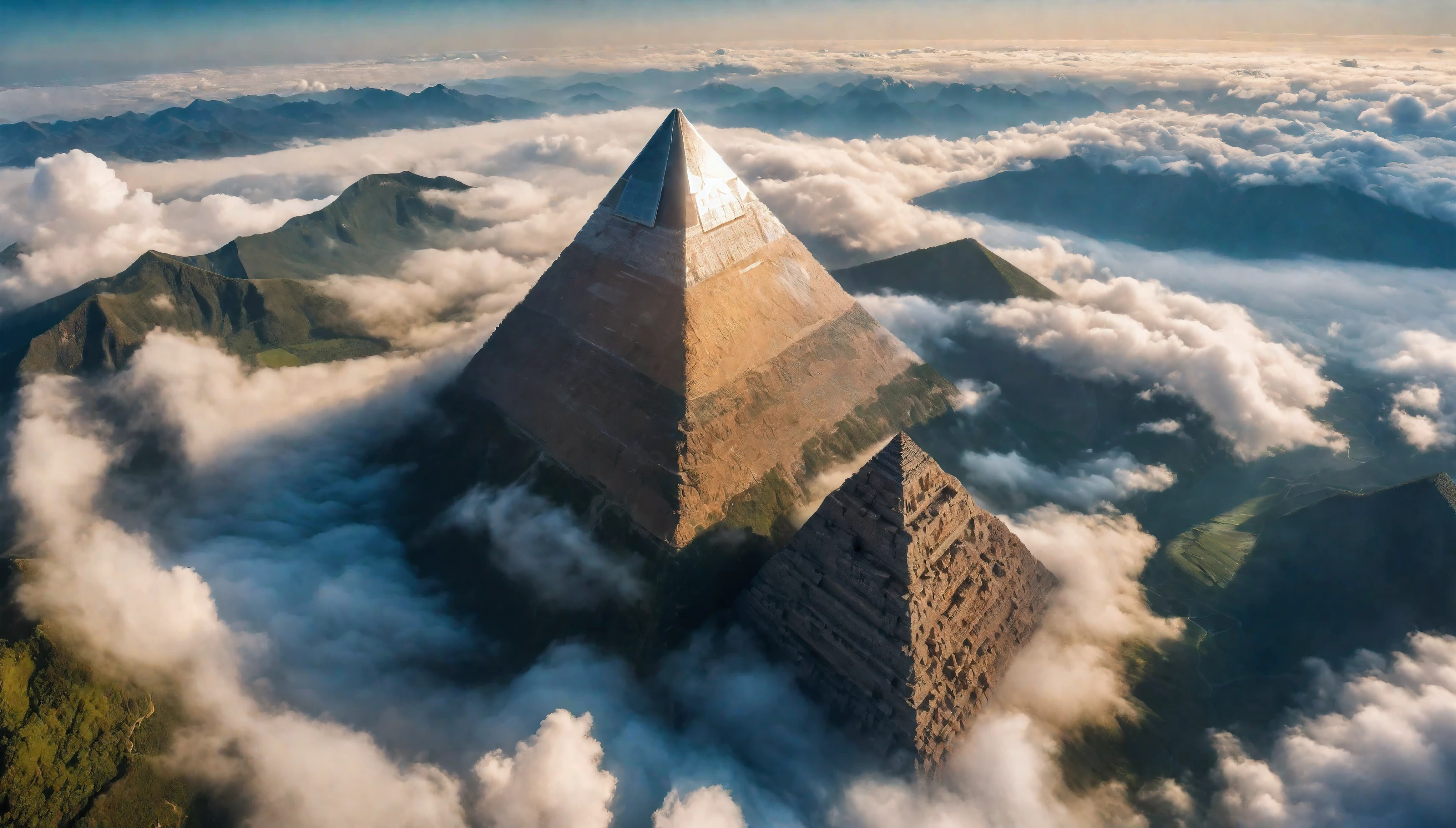 Aerial view of Giant Pyramid Mountain towering above the cloud, natural lights, symmetric pyramid, (ultra wide angle:1.5), fisheye lens photo, ((Aerial view):1.2), ((sense of extreme height):1.1), highly detailed cloud and sky at background, (tyndall effect), Coexistence with the surrounding environment, extremely detailed cloud and sky background, wild landscape, beautiful landscape, extremely detailed, depth of field, best quality, masterpiece, high resolution, Hyperrealistic, 8K, top-view, high angle view, BlueColor Palette. Rendered in ultra-high definition with UHD and retina quality, this masterpiece ensures super detail. With a focus on high quality and accuracy, this award-winning portrayal captures every nuance in stunning 16k resolution, immersing viewers in its lifelike depiction. Avoid extreme angles or exaggerated expressions to maintain realism. ((perfect_composition, perfect_design, perfect_layout, perfect_detail, ultra_detailed)), ((enhance_all, fix_everything)), More Detail, Enhance.