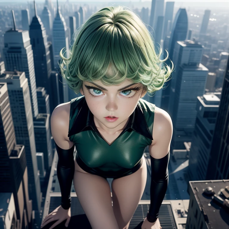  1girl, alone, Tatsumaki One Punch Man floating over a city, Anime girl, short hair, green hair, green eyes, Tatsumaki black outfit, Tatsumaki (One Punch Man) Clothing style, Black clothing, Black dress, long sleeve, pelvic curtain, Detailed clothes, masterpiece, symmetrical, serious face, very small breasts, small breasts, medium thigh medium waist, wide hips, 1 girl, bright green eyes, City Background, Sky Background, View from above, Bokeh, 4K Masterpiece, HDR , Anime art style, One Punch Man art style, sharp colors, vivid colors, green particles, iom