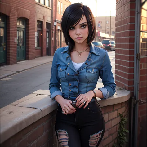 Masterpiece, best quality, detailed face, woman, black hair, emo clothes, ripped black jeans, leaning on a brick wall, big breas...