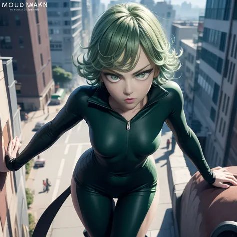 1girl, alone, tatsumaki one punch man floating over a city, anime girl, short hair, green hair, green eyes, tatsumaki black outf...