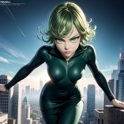 1girl, alone, tatsumaki one punch man floating over a city, anime girl, short hair, green hair, green eyes, tatsumaki black outf...