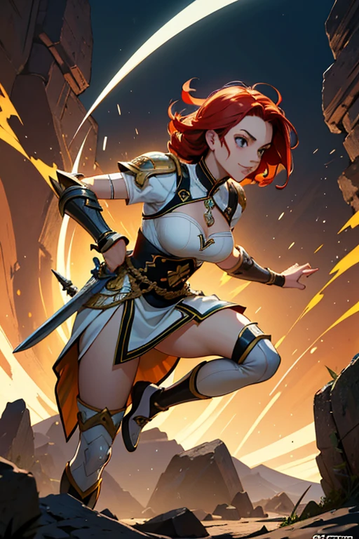 Chica linda, Pelirroja de pelo largo, sonrisa emocionada, pecho plano (pezones erectos) cuerpo atlético, traje de gladiador (Armadura de cuero) espada, escudo, Paseo elegante entrando en una arena romana. (anime de aventuras) cuerpo completo, vista frontal, calidad de alta definición, 