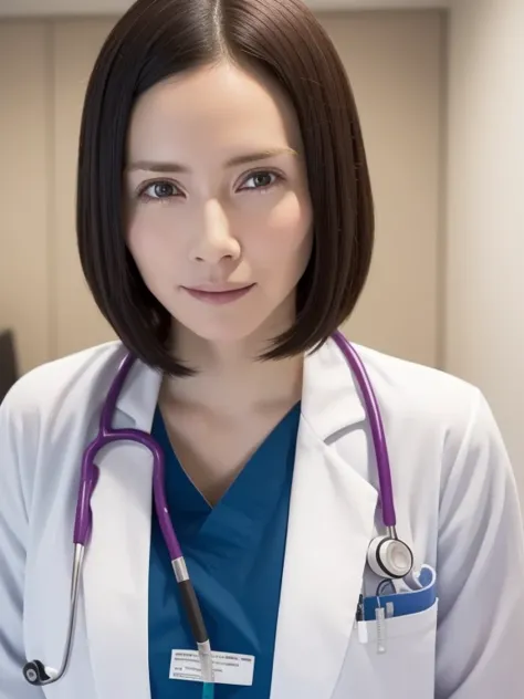 (Raw photo, highest quality),masterpiece, Natural light, 1 girl, wear a lab coat over a scrub, hospital examination room, Stetho...