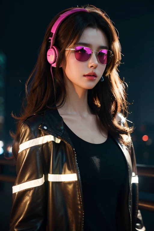 cheveux bruns . belle femme aux cheveux bouclés et des lunettes de soleil portant des écouteurs pleine grandeur - oreillette ou entourer la pièce sombre néon cyberpunk la nuit coordinateur néon lueur