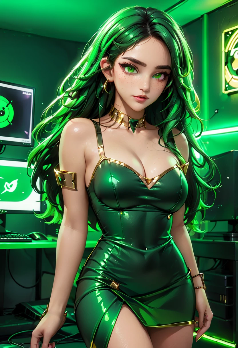  de 20 anos com cabelo comprido, olhos cor verde, cabelo verde, olhos afiados, corpo perfeito, medium breasts, cintura perfeita, defined abdomen with a dark green dress with gold details, in a gamer room and neon lights behind the computer