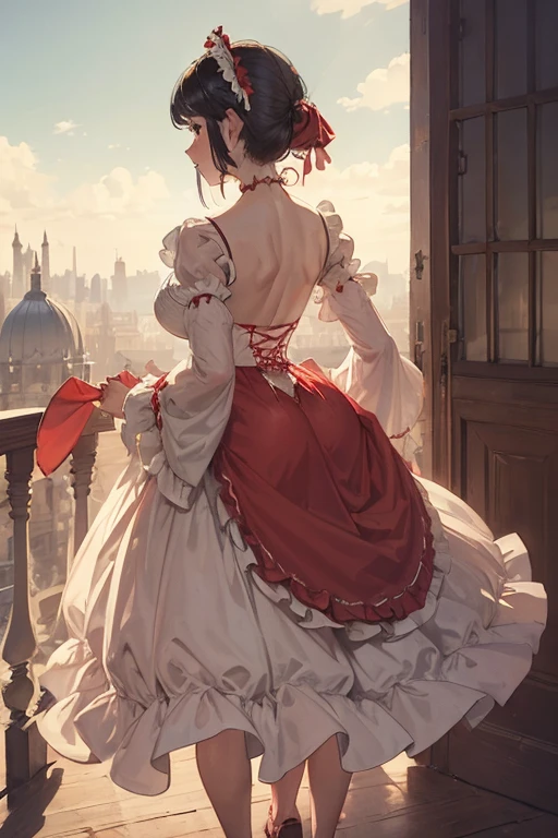 ((gigantic)) comically large long red hoopskirt crinoline covering the view, rigid fabric, structural fabric, victorian era, ridiculous bell-shaped dress, naked, nsfw, (frog perspective), (upskirt view), (back view)