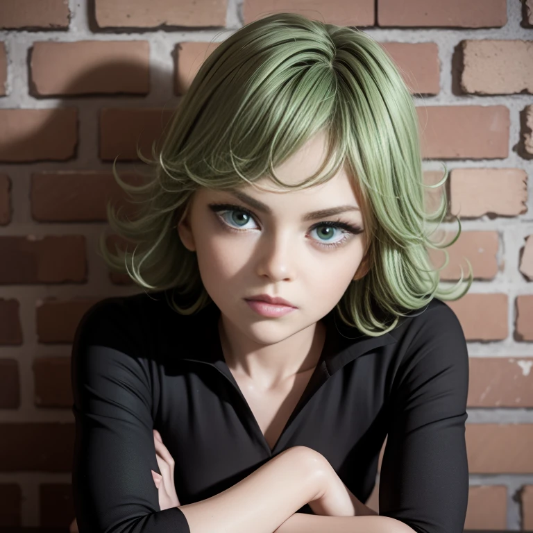 Masterpiece, best quality, detailed face, Tatsumaki, green hair, black dress, pelvic curtain, leaning on a brick wall arms crossed, looking at viewer, neutral face