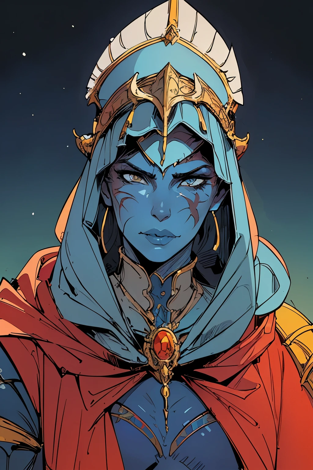 woman crusader, detailed vibrant armor, ((elegant headdress over hood)), blue skin, ((scars around mouth)), fantasy, SCI-FI, muscular, ((androgynous face)), in the style of     Jean Giraud,