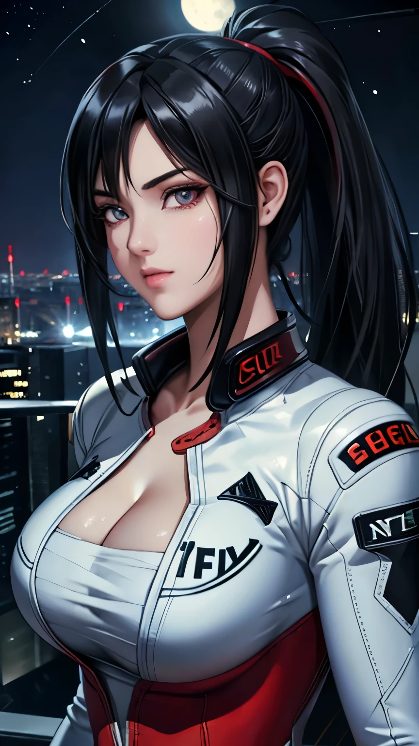 red eyes, (highest quality, masterpiece painting:1.3), immature woman, 16 years old, (half body shot), masterpiece, ultra high resolution, (Photoreal:1.0), black hair, ponytail, straight hair, beautiful shining hair, white and shining skin, ((Ultra realistic details)), octane rendering, highly detailed face, (big breasts:0.8), complete pilotsuit, adjusted pilotsuit, (red pilotsuit),cleavage, perfect body, soft skin, anime face, perfect face, perfect eyes, looking at the viewer, smart, deep in the night, Moon Night, The rooftop of a building overlooking the city, Night sky with the moon shining, photon mapping, Radio City, ((fantastic night)), ((outdoors)), sharp focus, intricate details, professional artwork, (bright colors:1.1), bright colors, diffused lighting, digital blending, ultra-definition body, ultra detail hair, super detailed face, that&#39;It&#39;s trending on pixiv, top button open, Cute gaze, compensate, perfect lips, perfect compensate, Ultra-precision coating,  (glare :1.0)