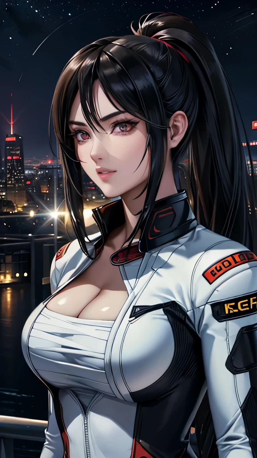 red eyes, (highest quality, masterpiece painting:1.3), immature woman, 16 years old, (half body shot), masterpiece, ultra high resolution, (Photoreal:1.0), black hair, ponytail, straight hair, beautiful shining hair, white and shining skin, ((Ultra realistic details)), octane rendering, highly detailed face, (big breasts:0.8), complete pilotsuit, adjusted pilotsuit, (gold pilotsuit),cleavage, perfect body, soft skin, anime face, perfect face, perfect eyes, looking at the viewer, smart, deep in the night, Moon Night, The rooftop of a building overlooking the city, Night sky with the moon shining, photon mapping, Radio City, ((fantastic night)), ((outdoors)), sharp focus, intricate details, professional artwork, (bright colors:1.1), bright colors, diffused lighting, digital blending, ultra-definition body, ultra detail hair, super detailed face, that&#39;It&#39;s trending on pixiv, top button open, Cute gaze, compensate, perfect lips, perfect compensate, Ultra-precision coating,  (glare :1.0)