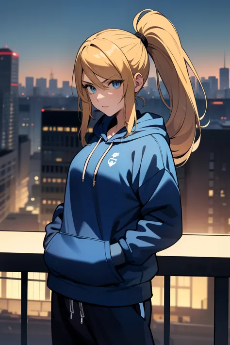 masterpiece, best quality, samus aran, ponytail, hair tie, blue hoodie, black sweatpants, looking at viewer, city background, co...