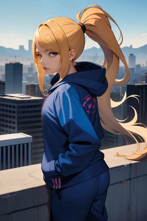 masterpiece, best quality, samus aran, ponytail, hair tie, blue hoodie, black sweatpants, looking at viewer, city background, co...