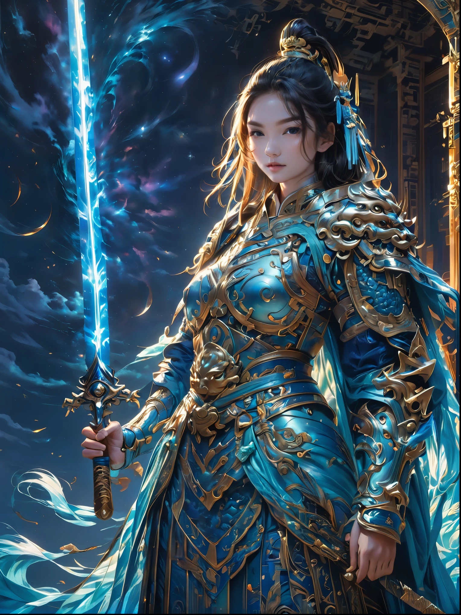 masterpiece，Realistic，Deep color，blue tint，Surrealism, star光环, In the bright embrace of the moonlight serenade，(Chinese armor)，gentle beautiful girl，(The girl holds a sword in her hand)，Women&#39;s Armor，独奏，pauldron，helmet，Chinese city background，blue sky，Detailed eyes，looking at the audience，Smile，Upper body，masterpiece，best quality，perfect eyes，perfect face，perfect lighting， 8k，Compared，Tone，texture, detailed, star, Colorful halo, Vibrant energy, expressive, dramatic, organic lines and forms, dreamy and mysterious, Surrealism，portrait shooting，Complex，meticulous，sharp，clear，Better image quality，Rough brushstrokes，high dynamic range，vivid，Rich in details，Shadow and highlight clear，reality，vehement，Compared degree enhancement，Rich in details，Chinese_armor，anatomically correct, textured skin