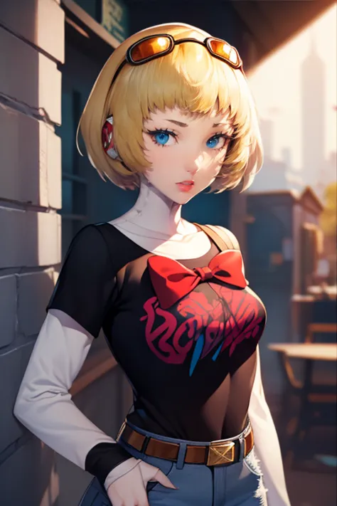 aegis, blonde hair, looking at viewer, red bow, 1girl, solo, standing, black t-shirt, white shirt, blue jeans, belt, lipstick, e...