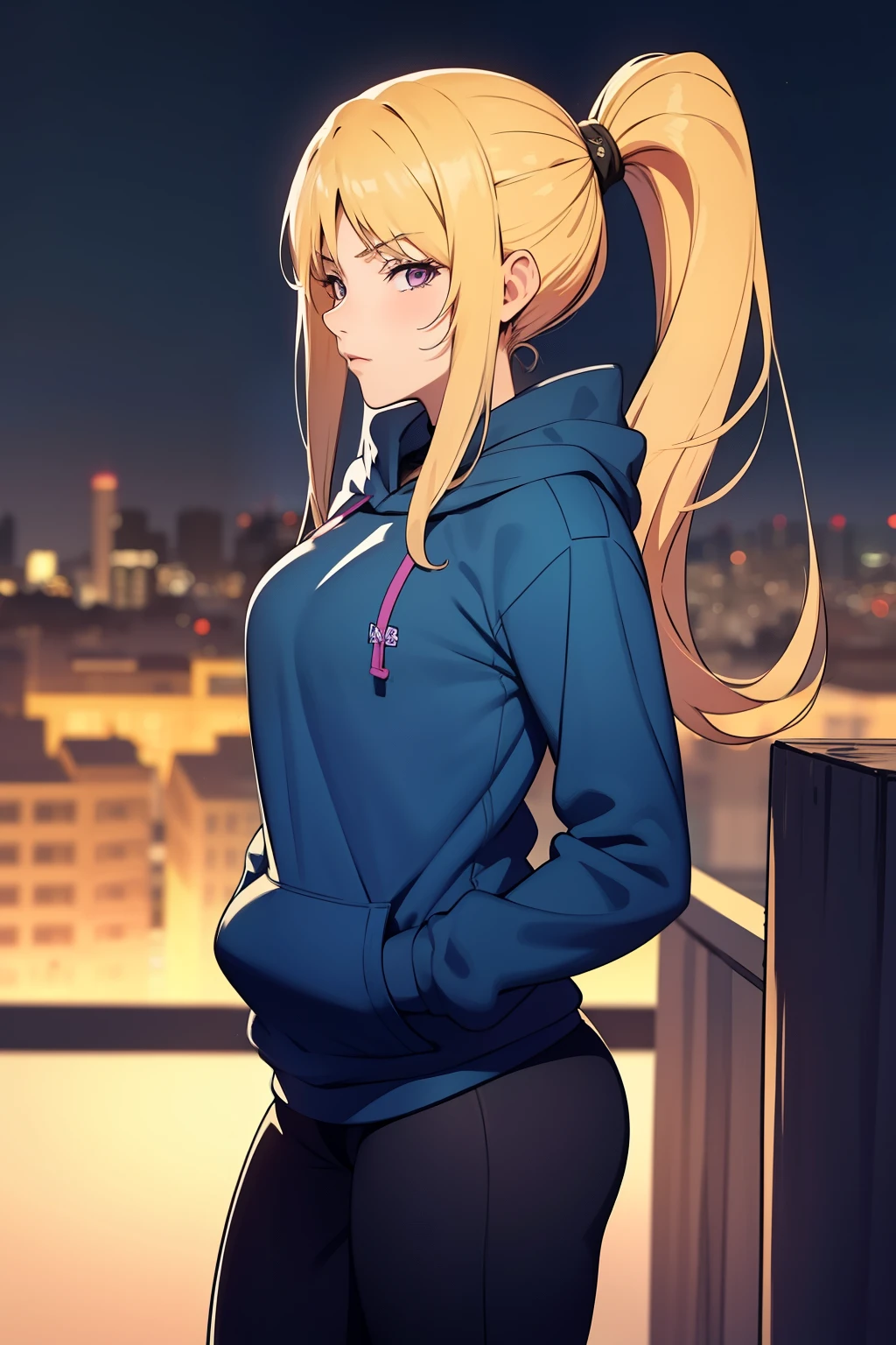 masterpiece, best quality, Kaori Saeki, ponytail, hair tie, blue hoodie, black yoga pants, athletic curves, tight ass, large breasts, looking at viewer, city background, cowboy shot