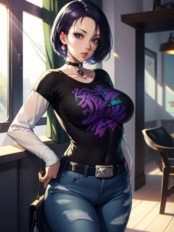 defShamir ,earrings, glossy lips ,1girl, solo, standing, black t-shirt, white shirt, jeans, belt, lipstick, large breasts