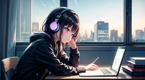 midnight、in the room、night view outside the window、young girl、wearing headphones、let&#39;s concentrate and study at our desks.、n...