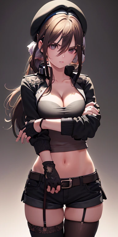 ((1 girl)),(best quality, highres, masterpiece:1.2), ultra-detailed, (realistic:1.37) illustration, erotic style, soft lighting, sweat glistening on her body, gentle warmth, mysterious, ubel,dark green hair,long hair,side ponytail,hair between eyes,bangs, (beret, black jacket, open clothes, cleavage, midriff, black shorts, black thighhighs, thigh strap, fingerless gloves, single glove:1.2), blurry background, pose, hand on hip, (masterpiece:1.2), best quality, high resolution, unity 8k wallpaper, (illustration:0.8), (beautiful detailed eyes:1.6), extremely detailed face, perfect lighting, extremely detailed CG, (perfect hands, perfect anatomy)