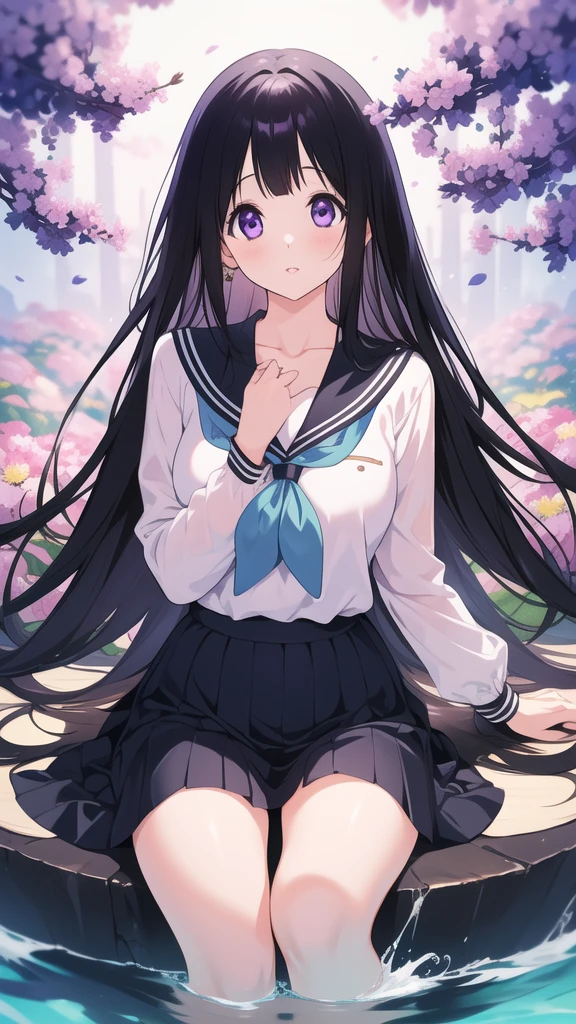 Stunning Chitanda, There is only one beautiful girl，purple eyes, black hair, Naturally straight hair, straight bangs，extremely refined，lips open，flowing long hair，Peerless beautiful girl, dreamlike，Slim，soft, (Sensual), (kawaii), Dream quality，Uniforms，In a sea of flowers，Showing thighs，Show collarbone，Show your neck，extremely shy，ultra high resolution, (masterpiece:1.2, best quality), (Exquisite and beautiful eyes: 1.2), (Beautiful and delicate face)