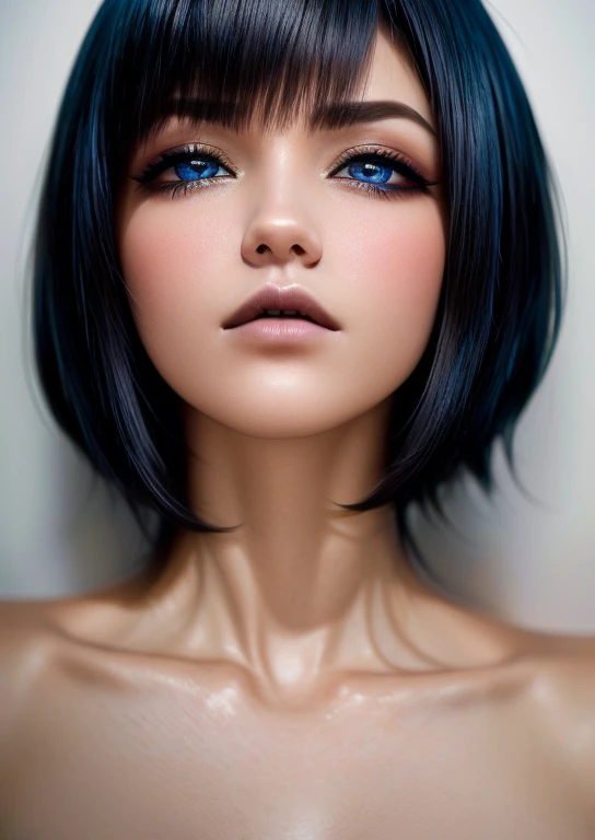 ((最好的品質)), ((傑作)), (詳細的), 完美的臉,  藍眼睛, cabello negro corto con flequillo estilo bob labios voluminosos nariz respingada belleza extraordinaria y muy 詳細的 