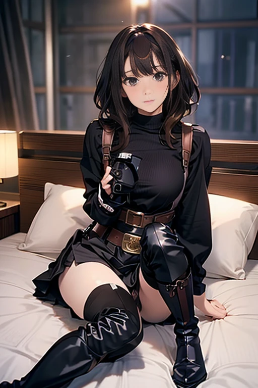 Brown hair、watching at viewers　　　black suspenders　　　Bulging big breasts　　 　 　　　walls: 　Black miniskirt　garters　　　　　　Gaze　　　Small face　bangss 　　　holster　　Belt Armament　Beautuful Women　srestrained　hands up　Lying in bed　Leg holster lying on the bed　　Gaze 　black boots panty shot