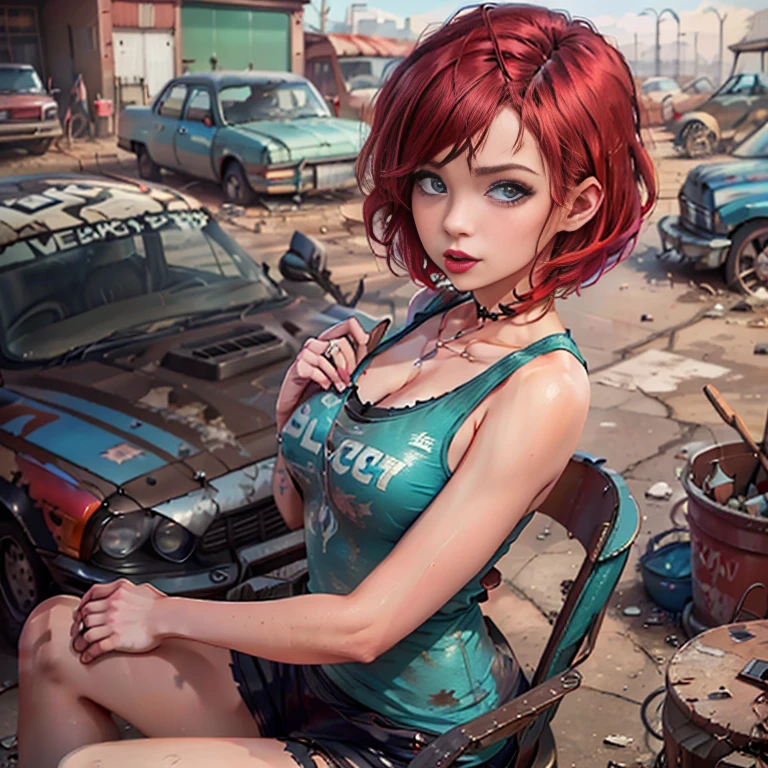 young woman, riley nixon haircut, shaved hair, red hair, very short hair, bald, blue tank t-shirt shirt, riley nixon haircut, lipstick, in junkyard, Looking at the viewer, 4k