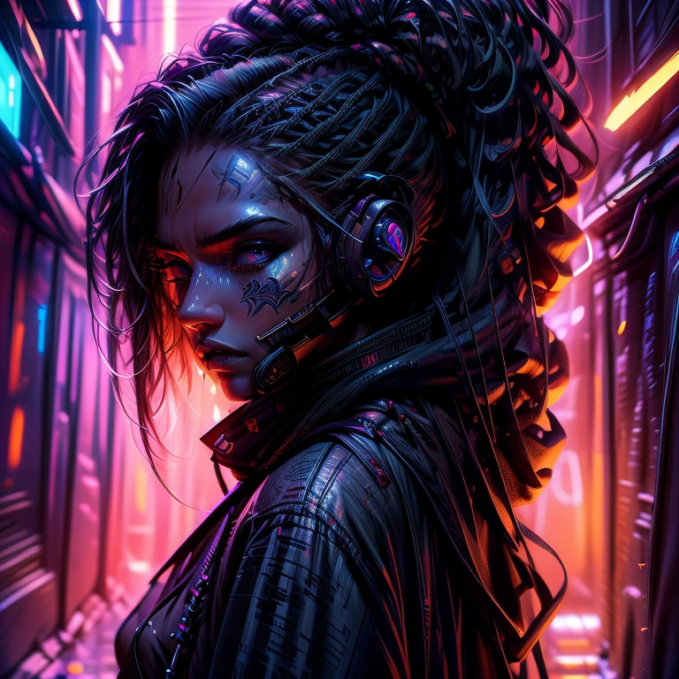 in the style of LUIS ROYO featuring a woman's face adorned with tattoos, cyberpunk beautiful woman, big headset, solid background light, blue eyes