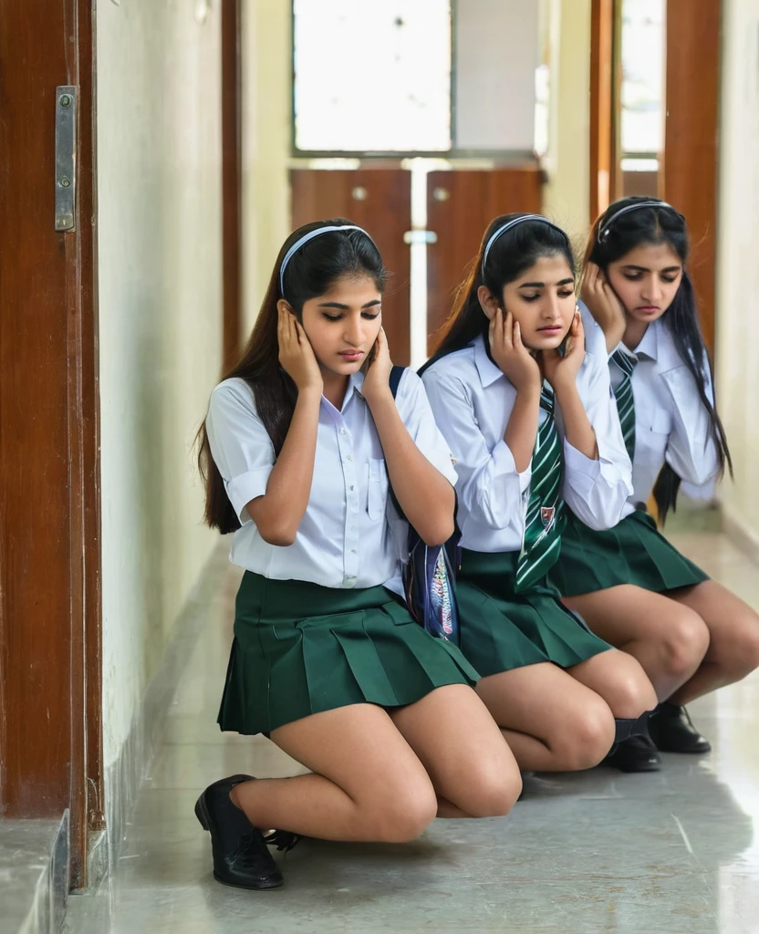 Pakistani college girls wearing short skirt uniform kneeling down holding  ears i - SeaArt AI