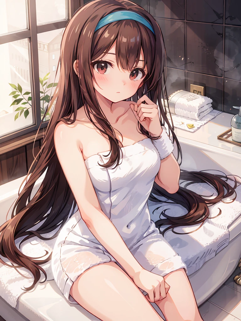 masterpiece, beautiful illustrations, highest quality, pretty girl, 1girl, (Bedroom), pastel colour, (bath towel:1.5), reddish brown long hair, headband, bright lighting, presenting, looking at viewer, on bed