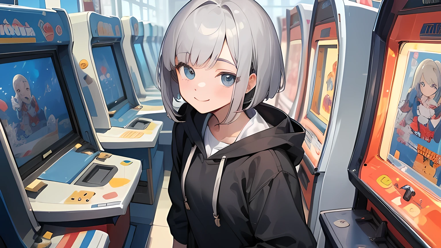 Anime girl standing in front of a row of video game machines - SeaArt AI