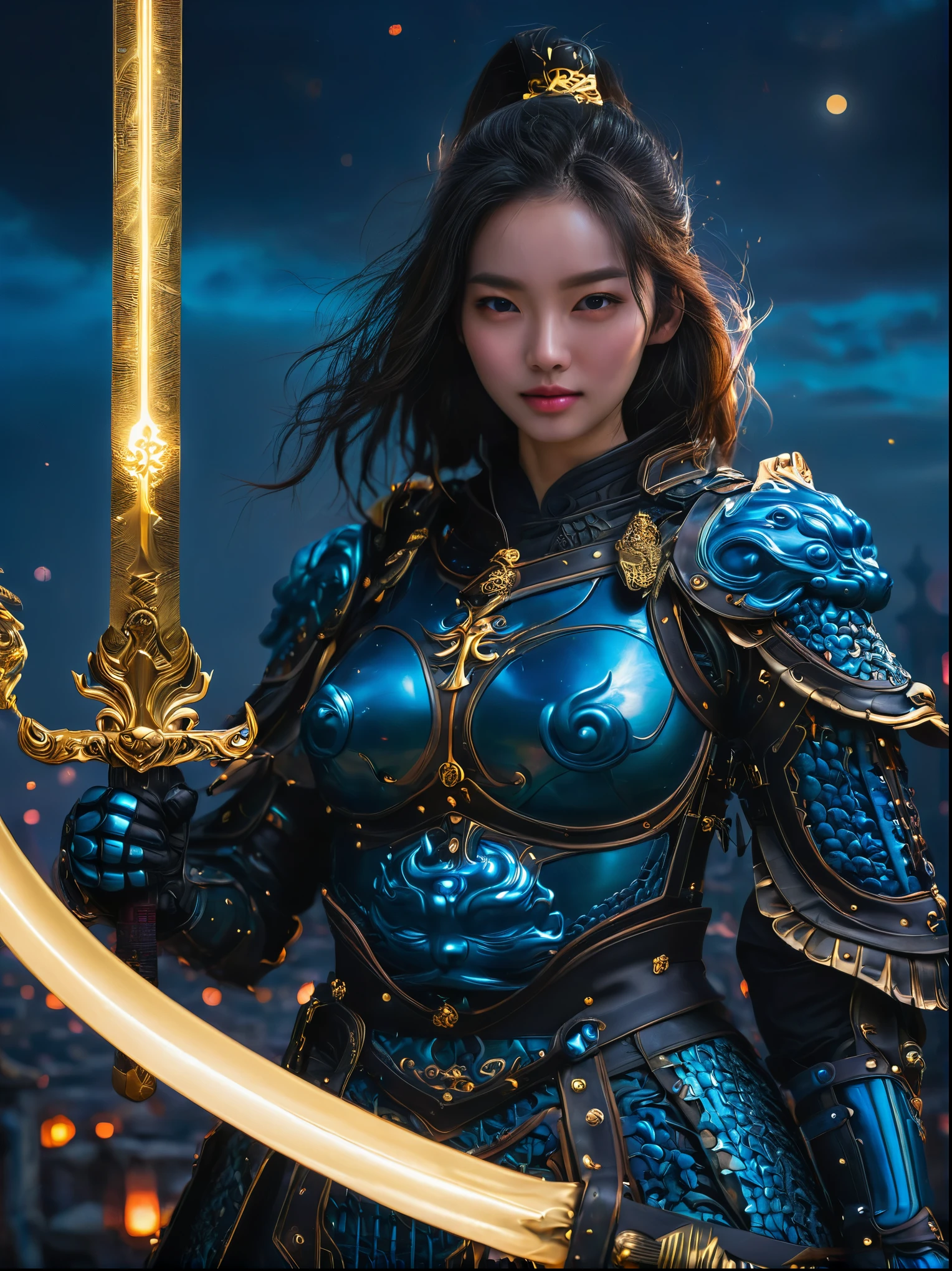 masterpiece，Realistic，Deep color，blue tint，Surrealism, star光环, In the bright embrace of the moonlight serenade，(Black Chinese armor)，gentle beautiful girl，(The girl holds a sword in her hand)，Women&#39;s Armor，独奏，pauldron，helmet，Chinese city background，blue sky，Detailed eyes，looking at the audience，Smile，Upper body，masterpiece，best quality，perfect eyes，perfect face，perfect lighting， 8k，perfect anatomy，Compared，Tone，texture, detailed, star, Colorful halo, Vibrant energy, expressive, dramatic, organic lines and forms, dreamy and mysterious, Surrealism，portrait shooting，Complex，meticulous，sharp，clear，Better image quality，Rough brushstrokes，high dynamic range，vivid，Rich in details，Shadow and highlight clear，reality，vehement，Compared degree enhancement，Rich in details，Chinese_armor