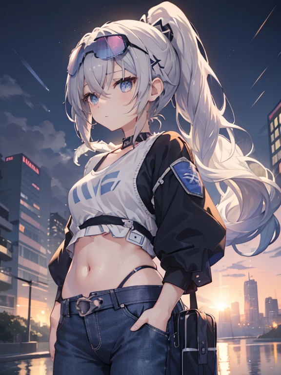 Beautiful masterpiece, best quality, illustration style, An anime girl with curly ponytail, beautiful eyes, summer, The hem of the white short-sleeved shirt was blown up by the wind, jeans, Blue and purple gradient goggles, small, heartwarming, young and beautiful, Heroic and heroic, Black and white, white hair, Show a natural and casual style. Dynamic posture contains the golden ratio, Large aperture portrait, blank, Strong contrast between light and shadow, Super texture, Super clear and concise pictures, showing extremely beautiful, Elegance, exquisite facial expressions, city background, rain, Beautiful breasts reflected in water in road area、huge breasts:1.4，plump breasts