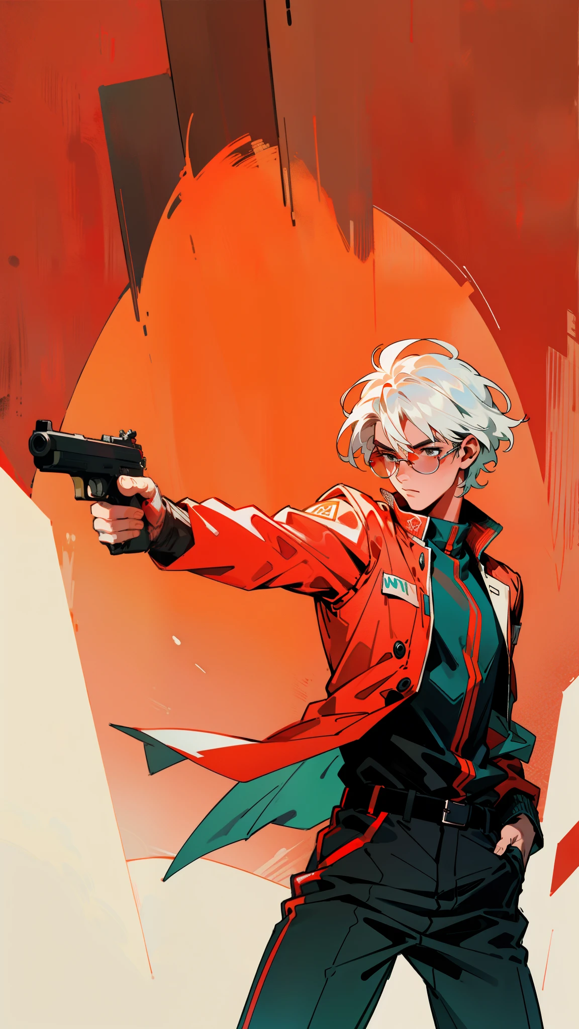 an intense action movie scene, a young man with striking white hair and clad in vibrant red attire, donning sleek red glasses, stands poised, holding a gun with determined focus, aiming with precision. Dynamic, high-octane lighting accentuates the tension, tachi-e, fashionable, outfit, posing, front, colorful, dynamic, background, elements, confident, expression, holding, statement, accessory, coiled, around, scene, text, cover, attention-grabbing, title, stylish, catchy, headline, larger, striking, modern, focus, fashion