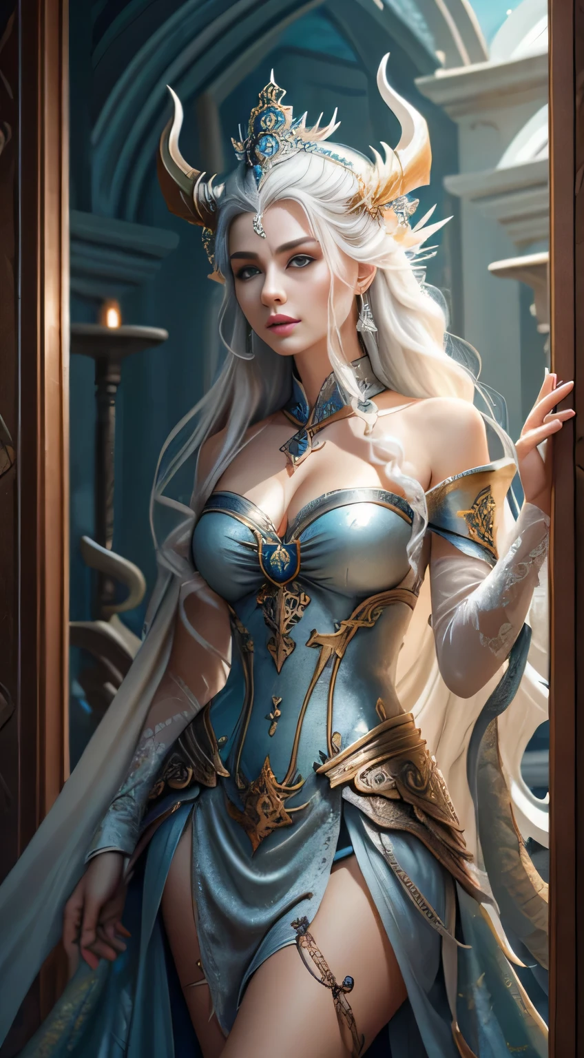 unreal engine:1.4,UHD,The best quality:1.4, photorealistic:1.4, skin texture:1.4, masterpiece:1.8,White Dragon Queen, young and mature woman, Long elf ears, ELEGANT DRESS, big chest, curve, Dragon Ling Vawy Hair, super long hair, Smooth Face Features, White dragon horns on his head, majestic woman, silver decoration om your dress, Silver Star Queen,big blue eyes, Cherry Lips, white dragons:1.4, starry sky,detailed hands:1.4,